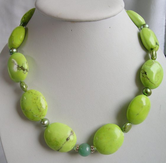 Huge Turquoise & Pearl & Jade Necklace 21 inch
