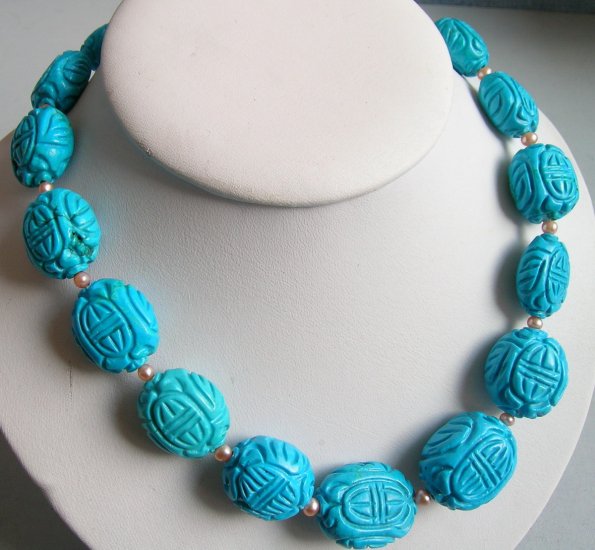 Huge 18x20mm Nature Turquoise & Pearl Necklace