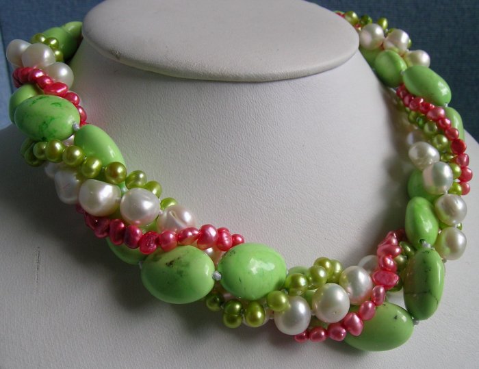 4 Strands 8-9mm Multicolor Pearl & Tuequoise Necklace