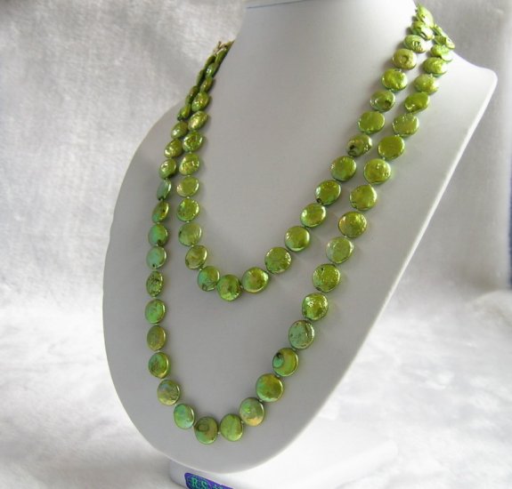 12-13mm Green Coin Pearl Necklace 48inch