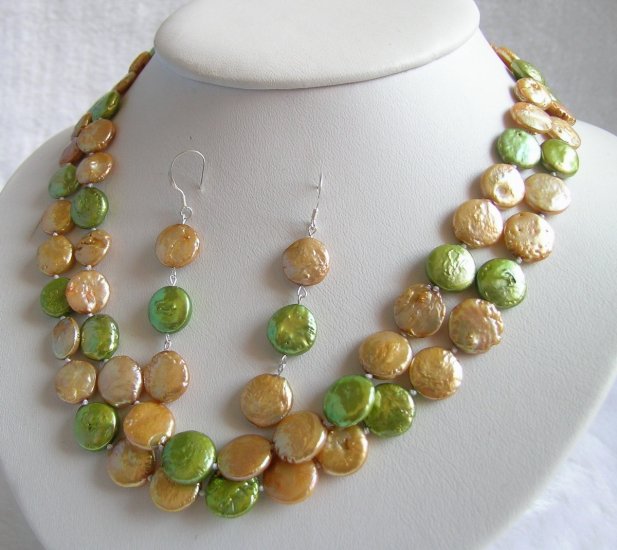 Double Strands 11-12mm Golden&Green Coin Pearls Necklace