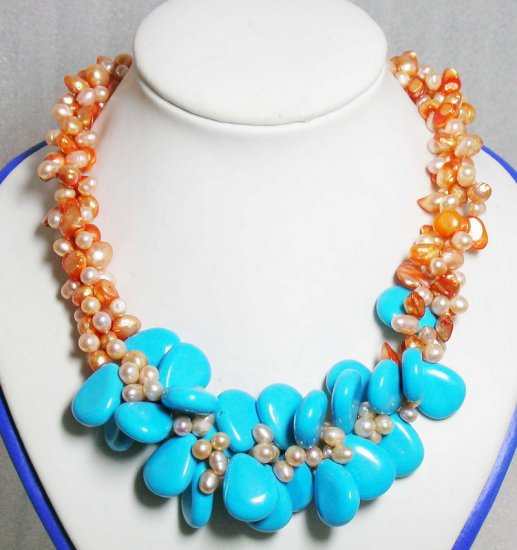 3 strands Orange Pearls & Turquoise Necklace