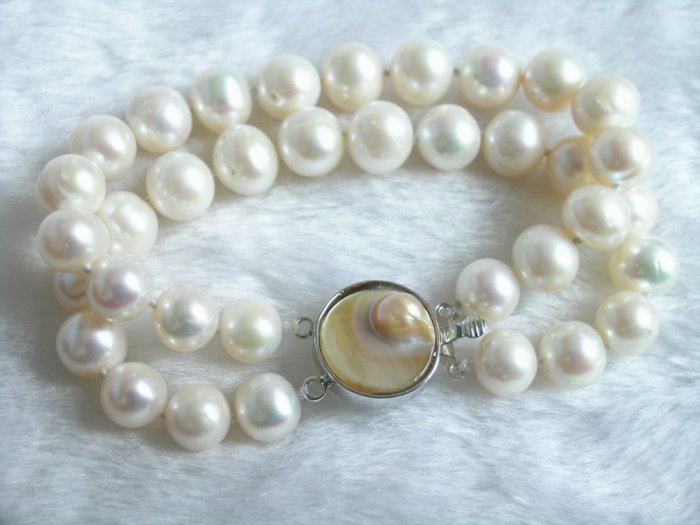 Double Strands 9-10mm White Pearl Braceet & Mabe