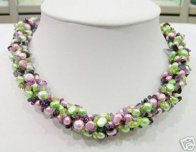 5 Strands Pearl&Olivine&Garnet&Amethyst Necklace