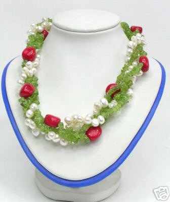 4 Strds Pearl Crystal Coral Necklace 18inch