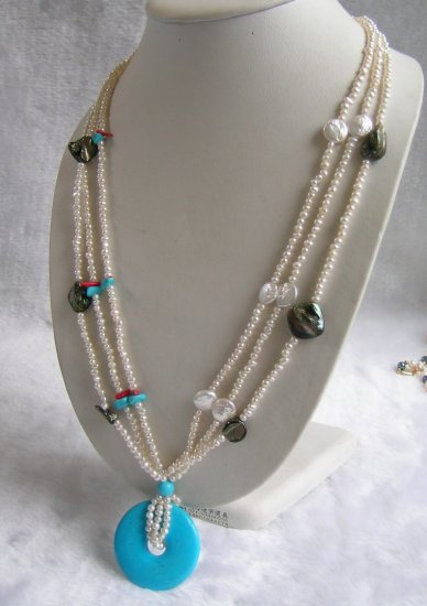 3 Strands White Pearl & Shell & Turquoise Necklace