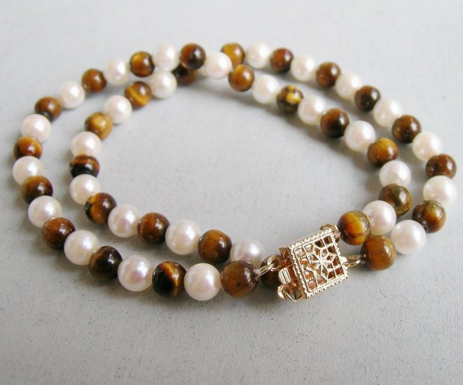 Double Strand White Pearl & Tiger Eye Bracelet