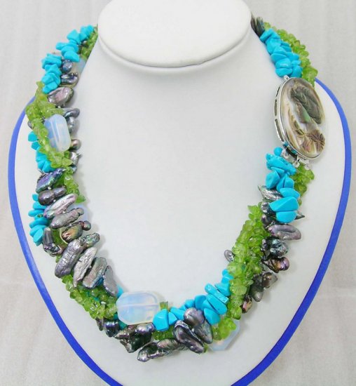 4 Strands Pearl & Turquoise & Crystal Necklace