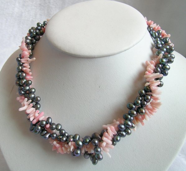 3 Strands 5-6mm Pearl & Coral Necklace