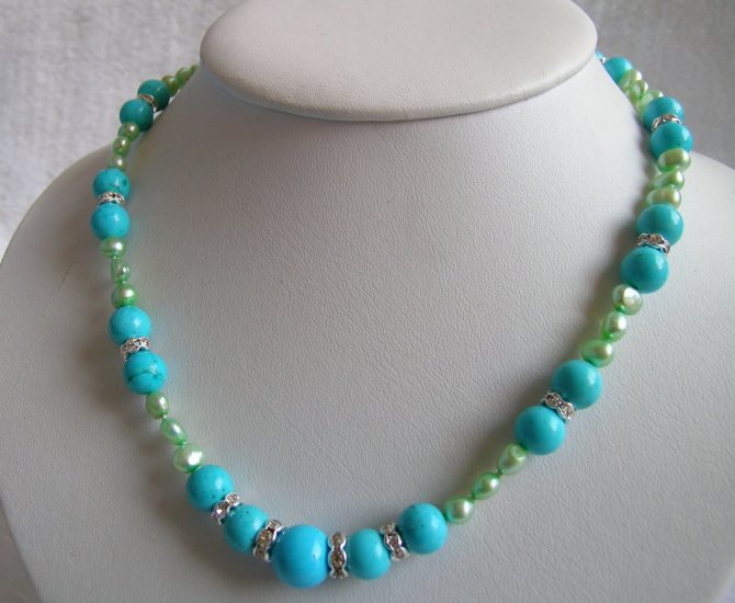 8-9mm Turquoise & Pearls Necklace 17 inch