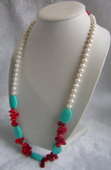 8-9mm White Pearl & Turquoise Necklace 32 inch