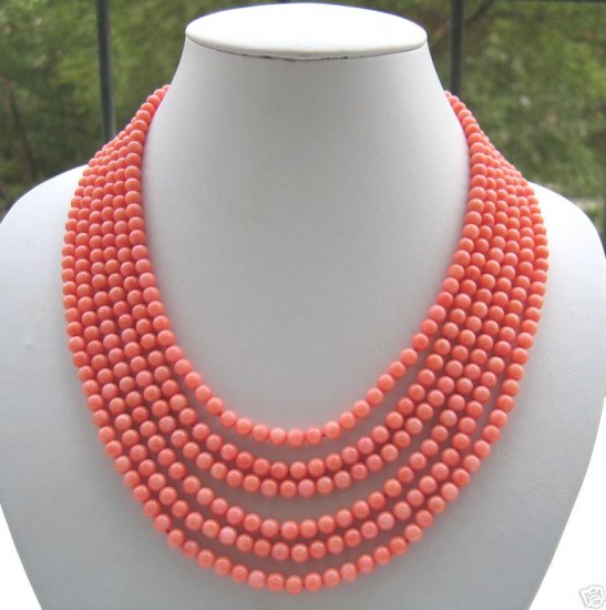 6 strands round nature pink coral beads necklace