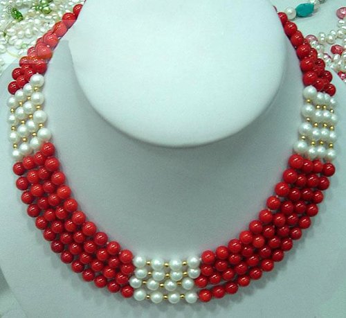 Charming 4 strands red coral & pearl necklace