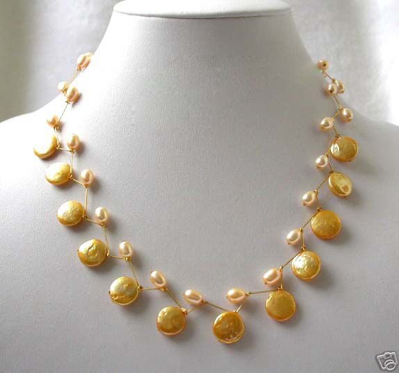 17'' handmade 12mm golden coin pearls necklace