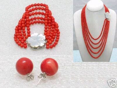 5 strands red coral necklace bracelet earring set