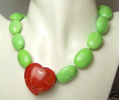 Natural Turquoise Bead Heart Coral Pendant Necklace