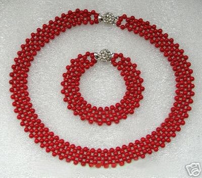 4mm Knit Red Coral Necklace Bracelet Set