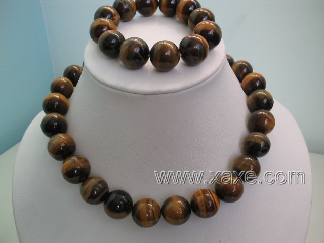 Huge 14mm tigereye stone necklace and bracelet set