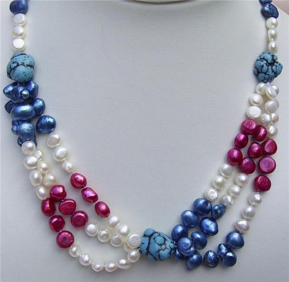 20"" 6-7mm flat Pearl and Turquoise Necklace