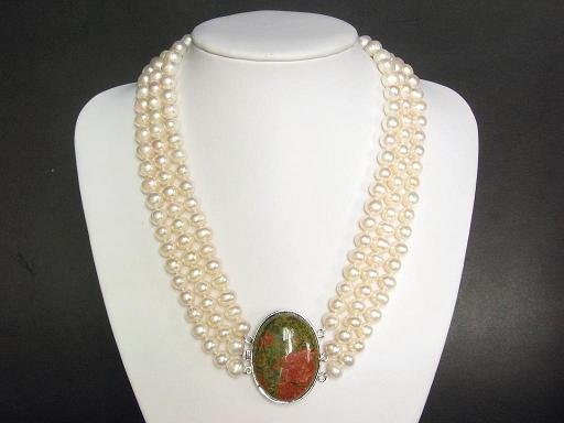 3 Strands 9mm FW White Pearls necklace unakite clasp