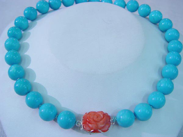 20'' blue turquoise bead necklace coral flower pendant