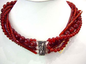 6 row red coral & agate necklace
