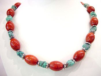 17'' red drum coral bead & old turquoise necklace