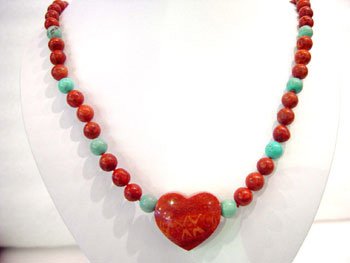 19'' sponge coral & turquoise necklace heart pendant