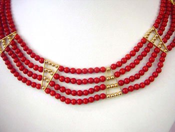 4 strands coral bead & gild bead necklace