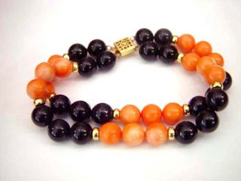7.5'' 2row coral and agate bead bracelet