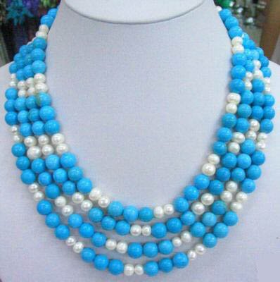 4 row turquoise bead and white pearl necklace