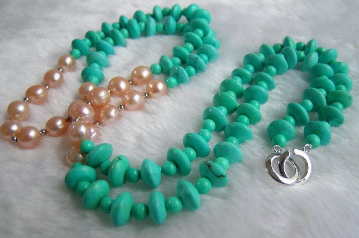33'' pink pearl and turquoise necklace