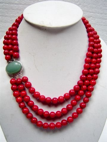 3 row red coral necklace with jade clasp