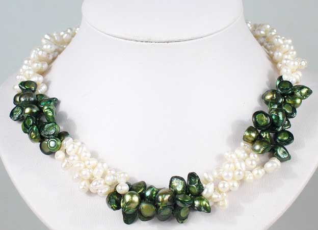 3 row white and green flat pearl twist necklace