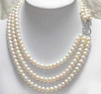 3 strands white pearl necklace silver clasp