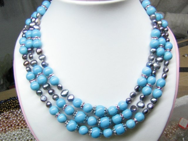 3 strands turuqoise bead and pearl necklace