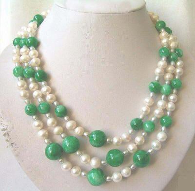 18-22'' 3 strands white pearl and jade necklace