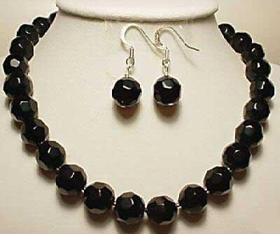 17'' black facet agate bead necklace earring set