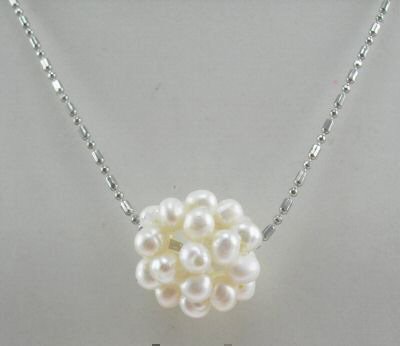 16'' rice pearl ball necklace silver chain