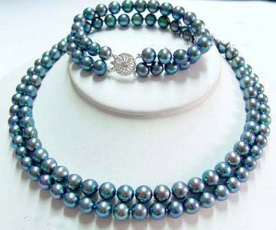 2 strands black pearl necklace bracelet set