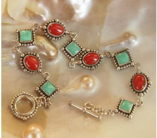 Elegant 7'' turquoise and coral bracelet silver chain