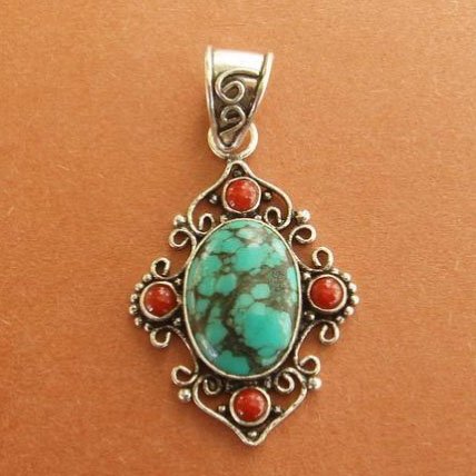 Turquoise coral pendant sterling silver