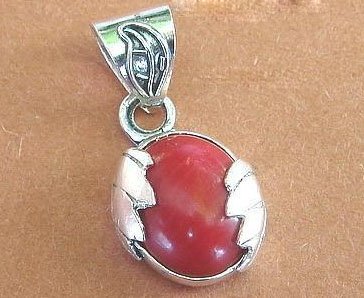 Red coral pendant oval shape silver