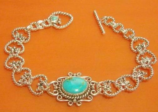 7'' 2 Turquoise beads bracelet silver chain