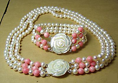 3 strands pearl and coral necklace shell clasp