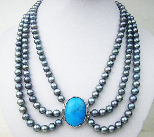 3 strands black pearl and turquoise clasp