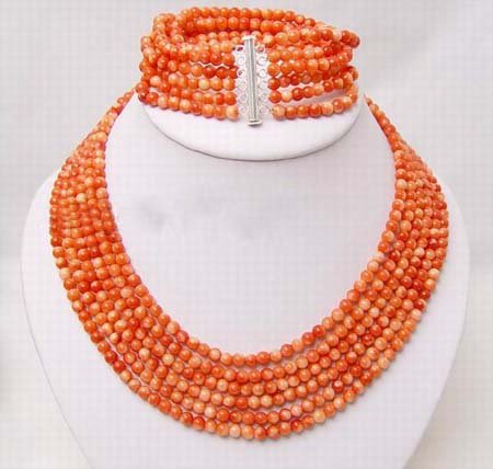 6 strands 6mm pink coral necklace bracelet set