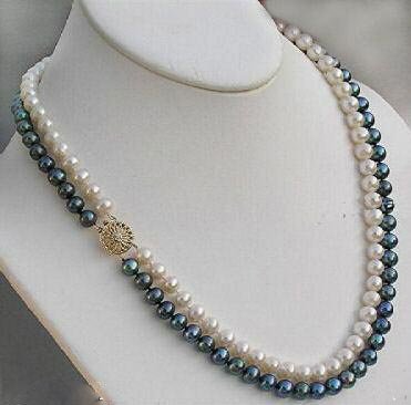 18'' 2 strands white and black pearl necklace