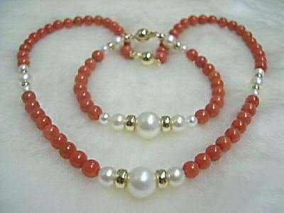 Red coral and white pearl necklace bracelet set