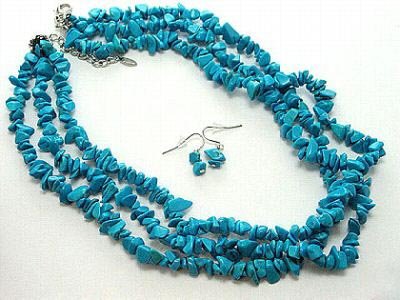 3 strands blue turquoise chips necklace earrings set